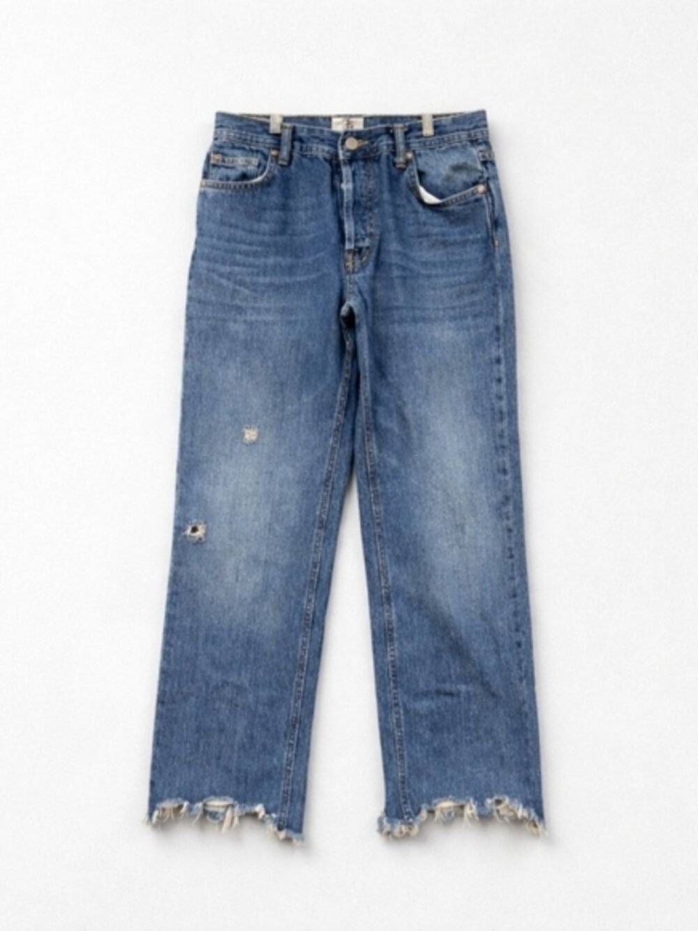We The Free SZ 26 Buttonfly Raw Hem Distressed Mid Rise Cropped Blue Jeans Denim